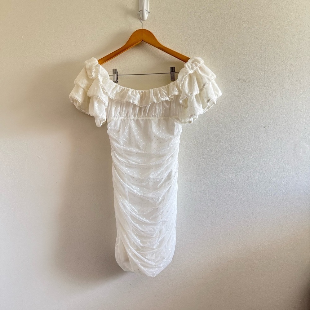 Camila Coelho Eva Off-Shoulder White Mini Dress Lace Mesh Ruffle size Small - Picture 5 of 11